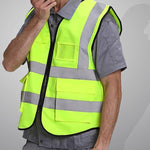 10 Pieces Yellow Green Reflective Vest Zipper Multi Pocket Reflective Vest Fluorescent Car Traffic Safety Warning Vest 4 Reflective Strips For Environmental Sanitation And Construction Workers Riding Safety Suit