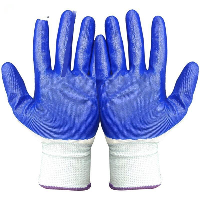 12 Pairs Nylon Cotton Gauze Gloves Labor Protection Dipping Abrasion Resistant Anti Slip Gluing Industrial Protective Rubber Gloves Blue L