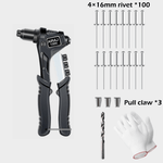 Heavy Duty Hand Riveter Long Arm Rivet Tools Includes 100-Piece Rivets and 5 Replaceable Nozzles Pop Rivet Gun with Waste Rivets Collection Bottle