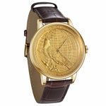 CHIYODA Men's Watch, Swiss Quartz Wrist Watch With Leather Strap, 24K Gold Plated With Carving Process Of Map And Eagle Pattern